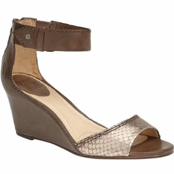 Frye Brown Leather Metallic Wedge Zip Up Backs Sandals‎ Ankle Strap Size 7.5M - Picture 1 of 9